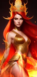 Fiery goddess with red hair and gold armor in a stunning mobile wallpaper design.