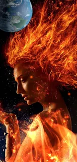 A fiery goddess with flaming hair against a celestial background.