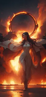 Goddess figure enveloped in flames with a fiery ring in the background.