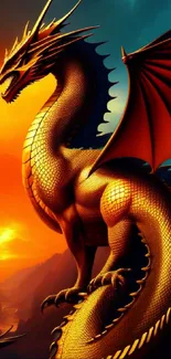 Golden dragon with fiery wings on vibrant background wallpaper.