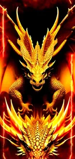 Golden dragon artwork with fiery wings set against a dark background.