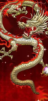 Fiery golden dragon on a red background wallpaper.