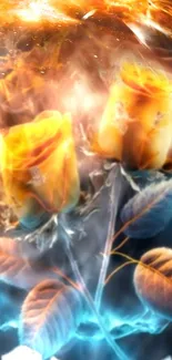 Fiery golden roses with glowing leaves in a vibrant, cosmic background.