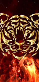 Golden tiger with fiery backdrop wallpaper design.