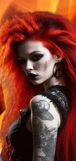 Fiery red-haired gothic girl with tattoos in vibrant colors.