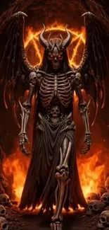 Fiery skeleton surrounded by flames in a gothic artistic style.
