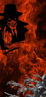 A dark, fiery wallpaper featuring a skeletal figure and flames.