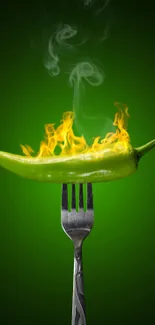 Fiery green chili pepper on a fork against a green background.