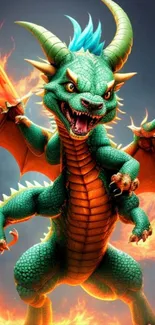 Vibrant green dragon with fiery wings on a bright background.