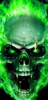 A vibrant green skull with flames on a dark background for mobile wallpaper.