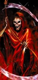 Fiery Grim Reaper with scythe on red background.