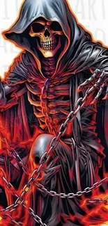 Fiery Grim Reaper holding chains, in vivid orange and red flames.