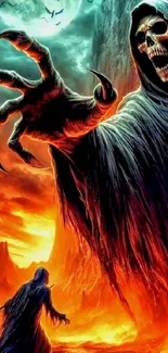 Grim Reaper with fiery landscape and skeleton hand.