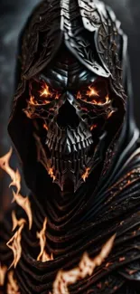 Fiery grim reaper with a menacing skull ignited by flames against a dark background.