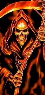 Grim Reaper holding a fiery scythe with vivid flames.