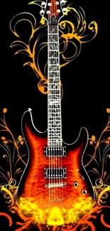 Fiery guitar with swirling orange flames on a black background.