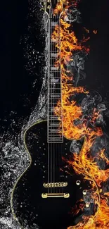 Mobile wallpaper of a guitar engulfed in flames and smoke.