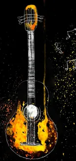 Illustration of a fiery guitar with musical notes on a dark background.