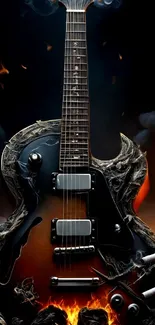 Fiery electric guitar with flames and artistic design.