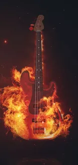 Guitar engulfed in realistic flames on a mobile wallpaper.