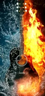 Dynamic guitar engulfed in flames and water, creating an artistic contrast.