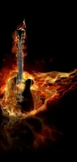 Fiery guitar with flames on black background, creating a dynamic and musical theme.