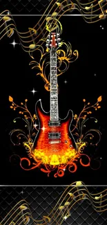 Fiery electric guitar with musical notes on a dynamic black background.