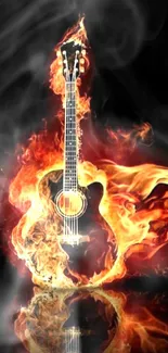 Vibrant guitar engulfed in flames, creating a fiery musical wallpaper.