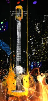 Artistic fiery guitar wallpaper with music notes.