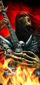 Skeleton playing guitar surrounded by flames in gothic art style.