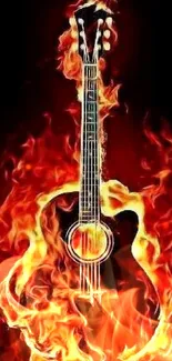 Fiery guitar engulfed in vibrant flames, creating a dynamic and artistic wallpaper.