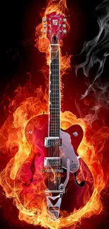 Red guitar with flames on black background wallpaper.