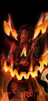 Fiery guitarist amidst Halloween flames themed wallpaper.