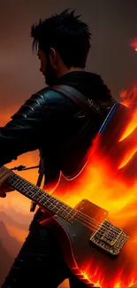 Guitarist with flaming guitar against an orange sunset.