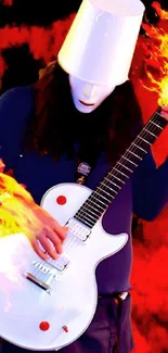 Guitarist playing a flaming guitar with dynamic visual effects.