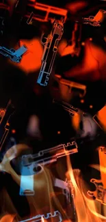 Fiery digital guns in abstract style on a dark background.