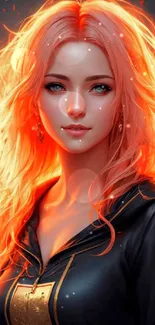 Fantasy woman with fiery hair and enchanting flames in a digital art illustration.