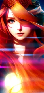 A mystical figure with fiery orange hair, glowing in a fantasy-themed wallpaper.