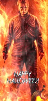 Halloween mask in flames with 'Happy Halloween' text.