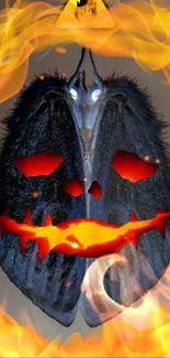 A fiery Halloween mask with orange flames.