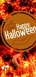 Fiery Halloween wallpaper with flames and festive text.