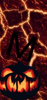 Fiery Halloween pumpkin with lightning background.