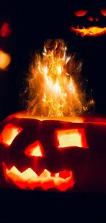 Fiery Halloween jack-o'-lantern with flames shooting out.