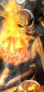 Skeleton with a fiery pumpkin illustration for mobile wallpaper.