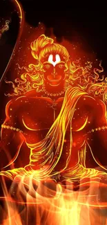 Fiery Hanuman surrounded by vibrant orange flames for mobile wallpaper.