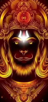 Fiery Hanuman art with intricate golden details.