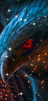 Close-up of a hawk with blue feathers and red eyes, fiery sparks in the background.