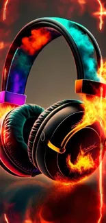 Neon headphones with fiery accents on a dark background.