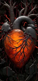 Fiery heart with dark veins on cracked background.