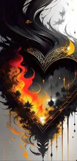 Abstract fiery heart wallpaper with intricate art and black orange tones.